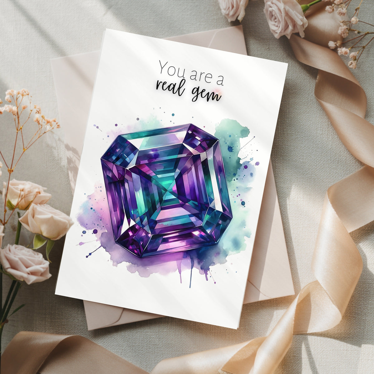 Greeting card with a purple alexandrite watercolor illustration and 'You are a real gem' text, surrounded by flowers and ribbons.