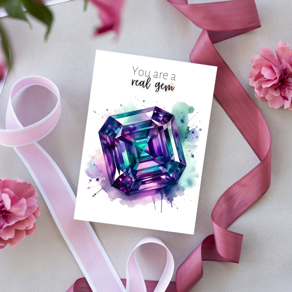 You are a real Gem | Watercolor Asscher cut Alexandrite Anniversary or Birthday Thank You Greeting Card