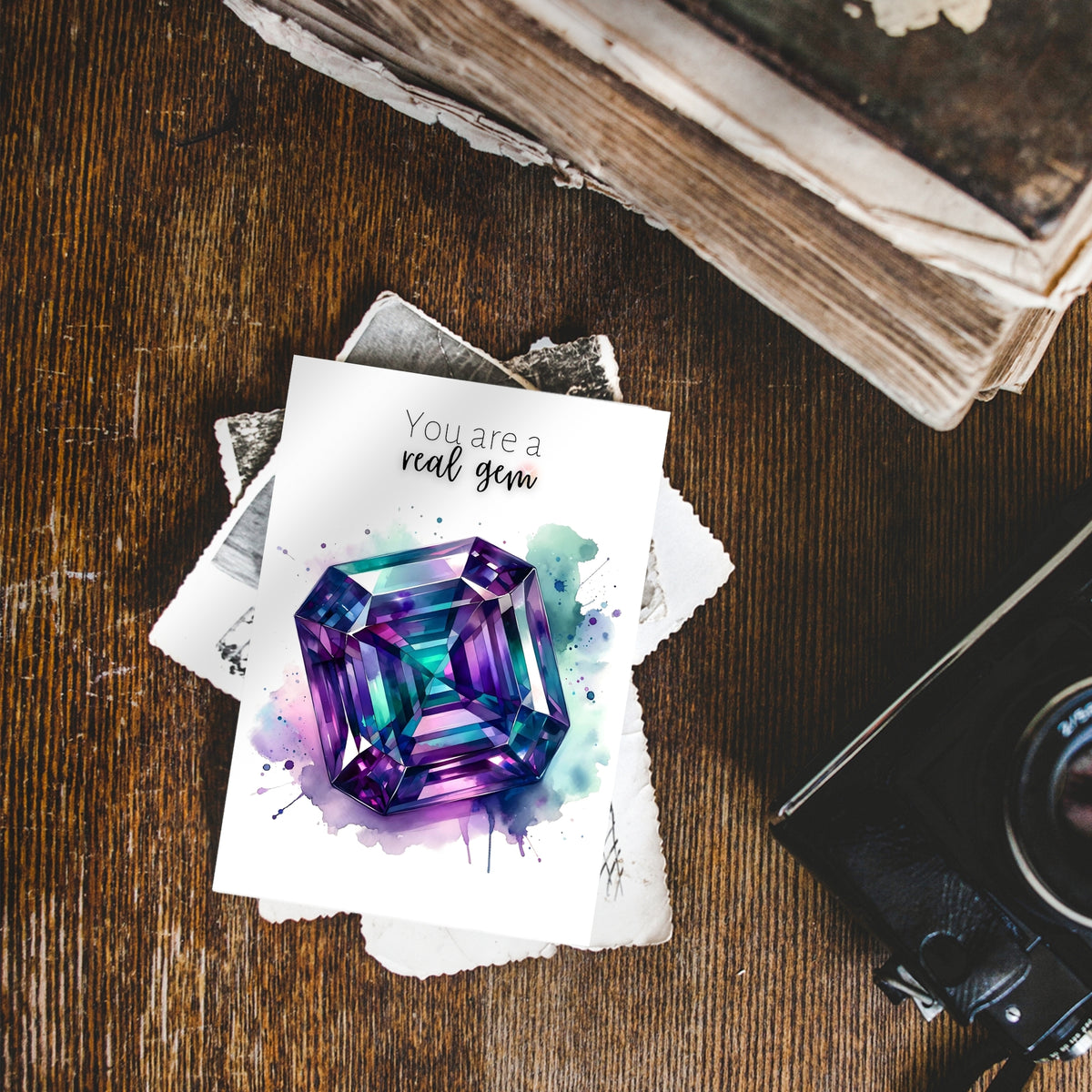 You are a real Gem | Watercolor Asscher cut Alexandrite Anniversary or Birthday Thank You Greeting Card