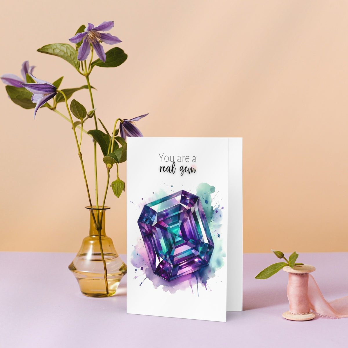 You are a real Gem | Watercolor Asscher cut Alexandrite Anniversary or Birthday Thank You Greeting Card