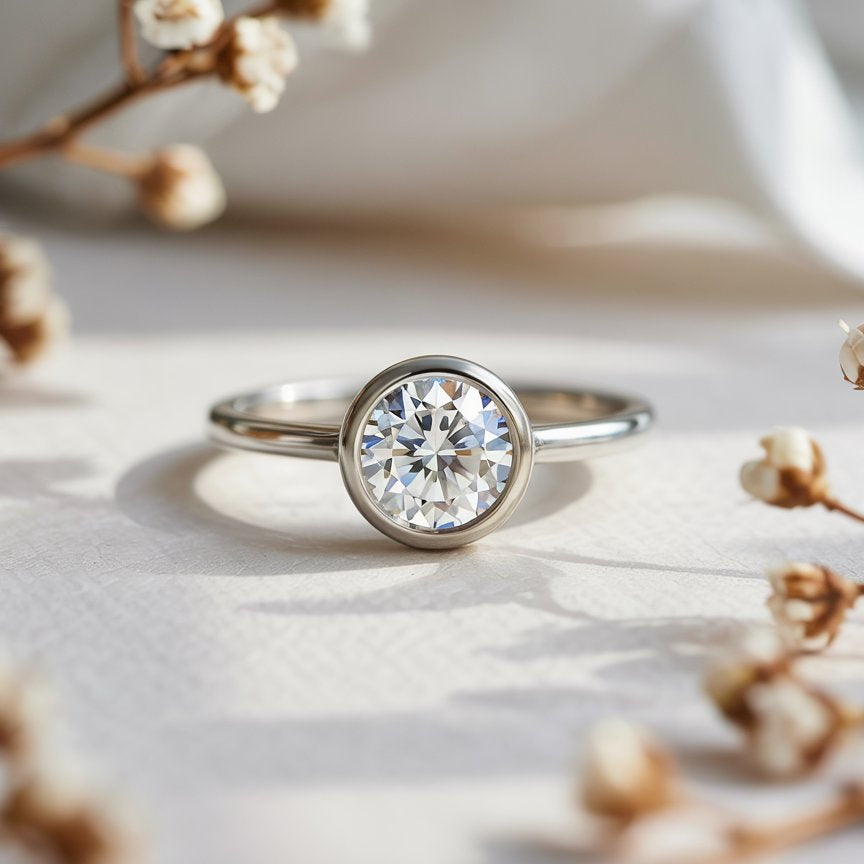 a soft bright close up of a minimalist diamond engagement ring