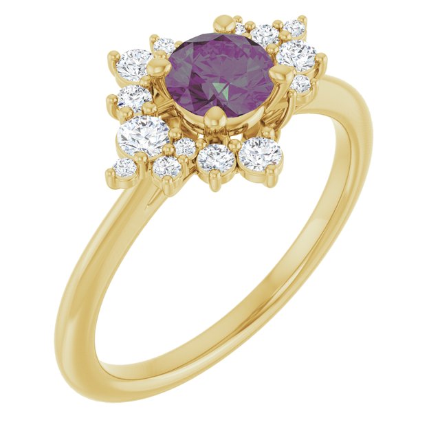 Lydia Prong Set 5mm Alexandrite Diamond Accented Side Cluster Halo Engagement Ring in gold perspective