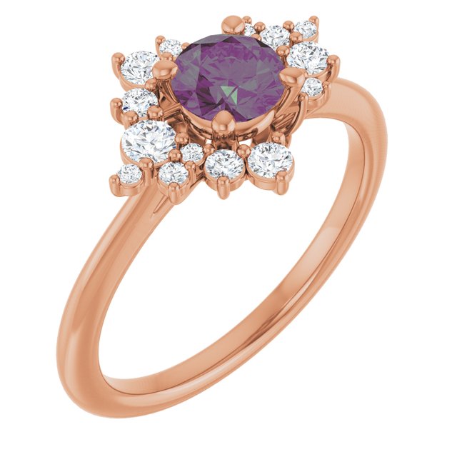 Lydia Prong Set 5mm Alexandrite Diamond Accented Side Cluster Halo Engagement Ring in rose gold perspective