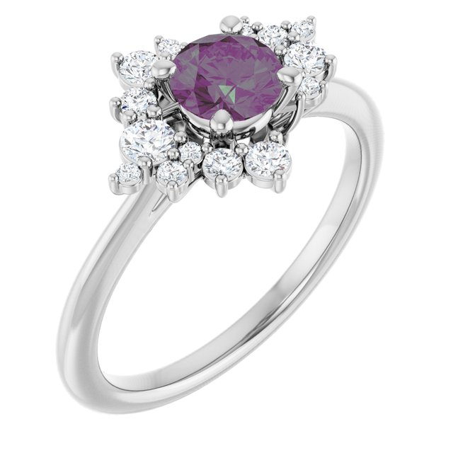 Lydia Prong Set 5mm Alexandrite Diamond Accented Side Cluster Halo Engagement Ring in white gold perspective
