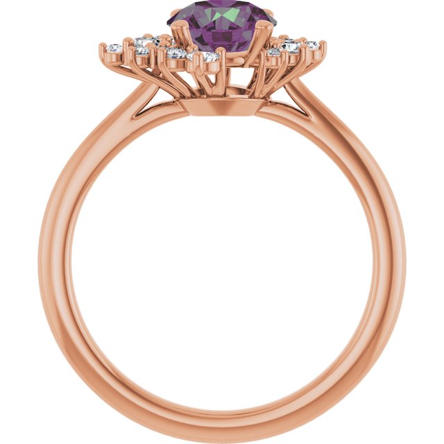 Lydia Prong Set Alexandrite Diamond Accented Side Cluster Halo Engagement Ring in rose gold side view
