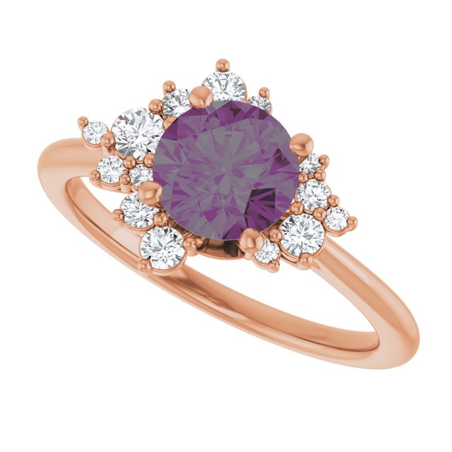 Lydia Prong Set Alexandrite Diamond Accented Side Cluster Halo Engagement Ring in rose gold top view