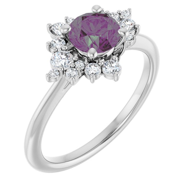 Lydia Prong Set Alexandrite Diamond Accented Side Cluster Halo Engagement Ring in white gold perspective