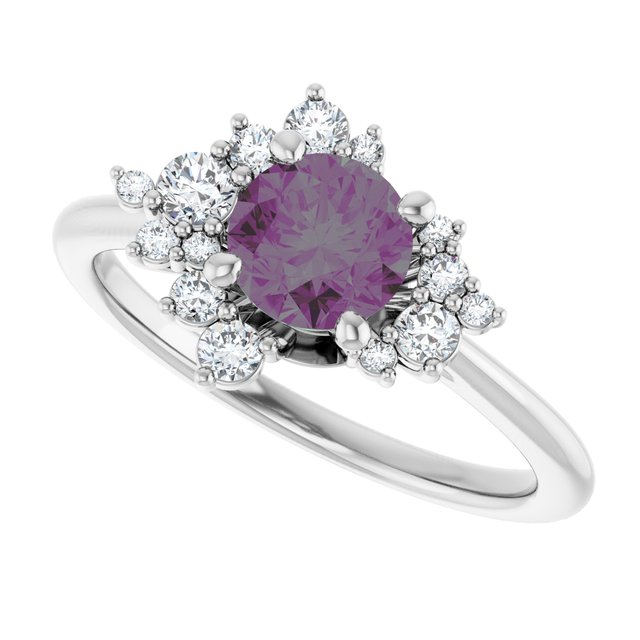 Lydia Prong Set Alexandrite Diamond Accented Side Cluster Halo Engagement Ring in white gold top