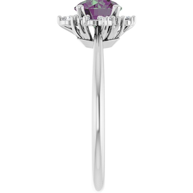 Lydia Prong Set Alexandrite Diamond Accented Side Cluster Halo Engagement Ring platinum side view