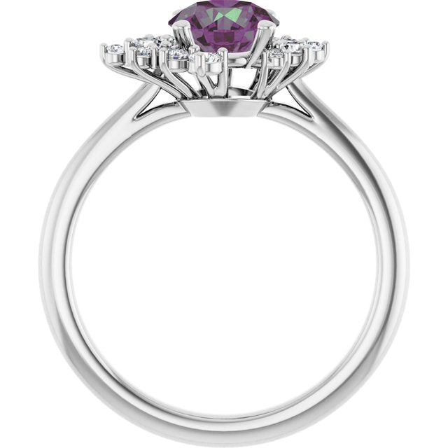Lydia Prong Set Alexandrite Diamond Accented Side Cluster Halo Engagement Ring side view