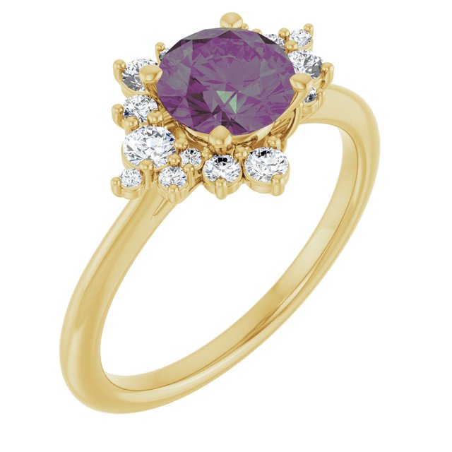 Lydia Prong Set Alexandrite Diamond Accented Side Cluster Halo Engagement Ring in gold