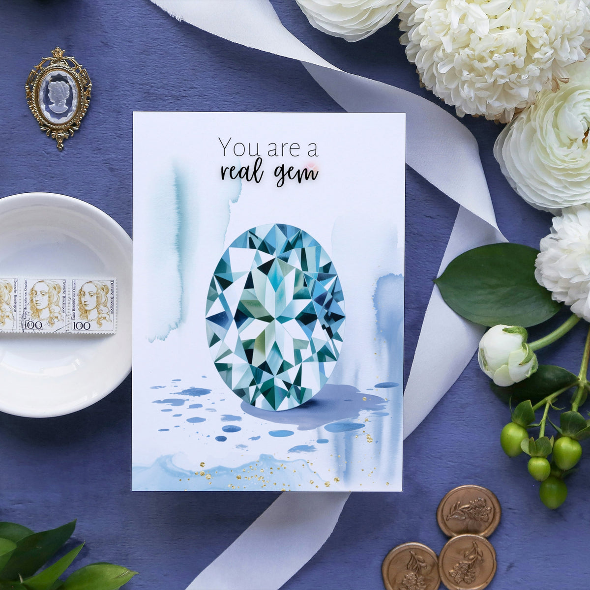 You are a real Gem | Watercolor Oval Aquamarine Greeting Card