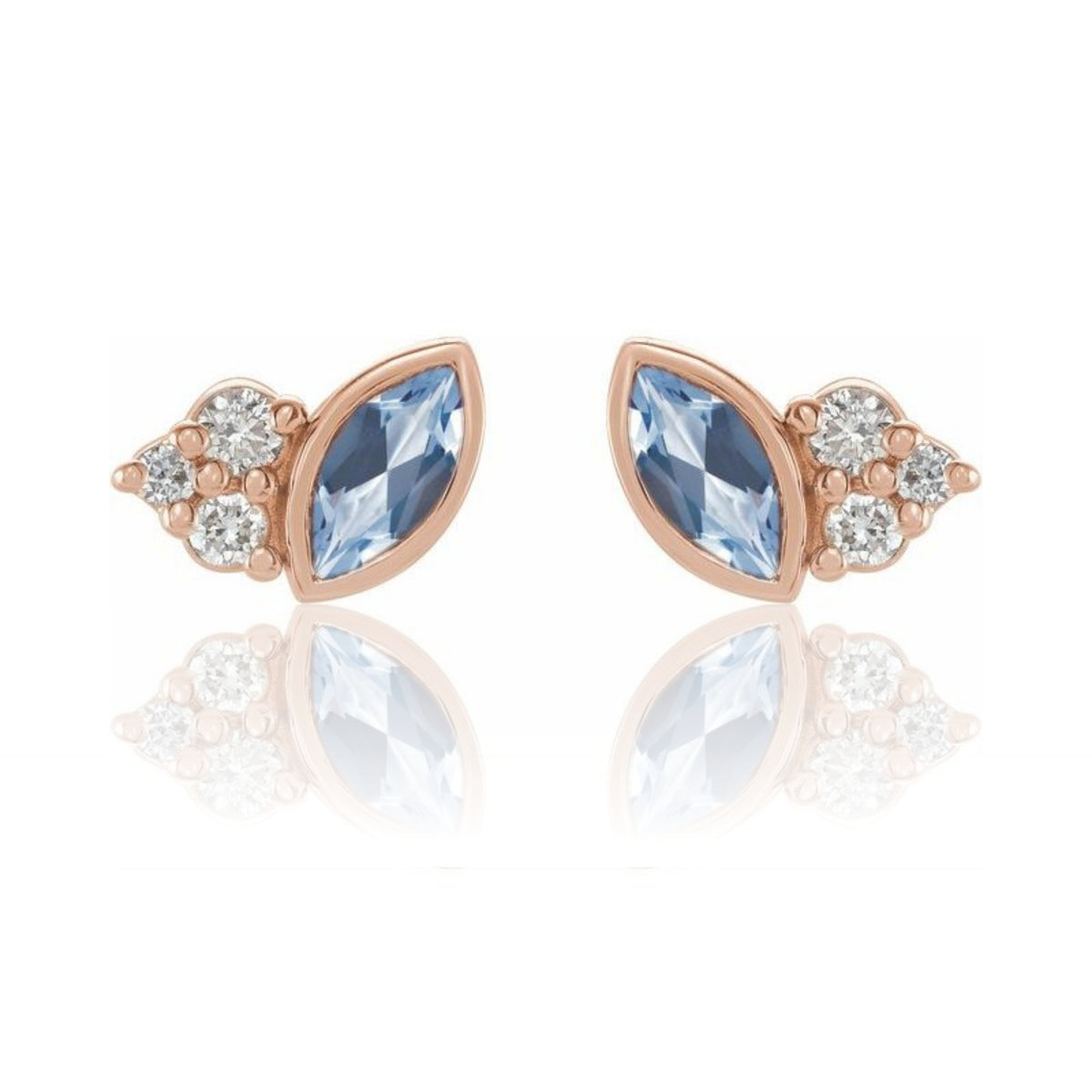 Marquise Aquamarine & Diamond Cluster rose Gold Leaf Stud Earrings