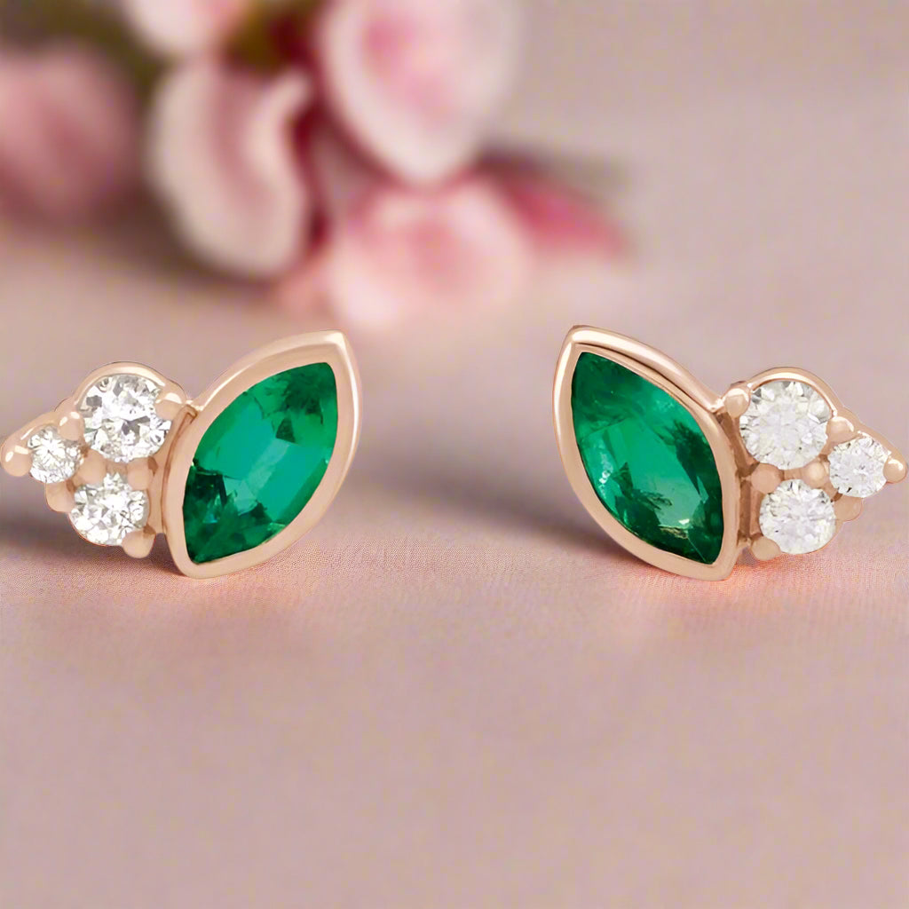 Marquise Emerald & Diamond Cluster Rose Gold Leaf Stud Earrings