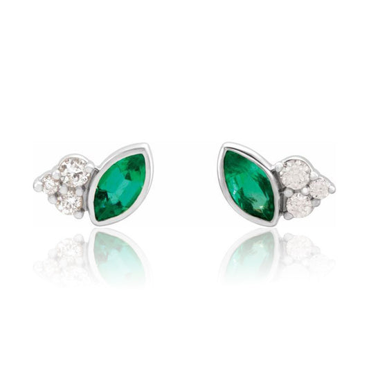 Marquise Emerald & Diamond Cluster Gold or Platinum Leaf Stud Earrings