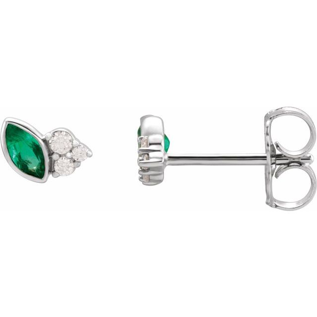 Marquise Emerald & Diamond Cluster white Gold Leaf Stud Earrings