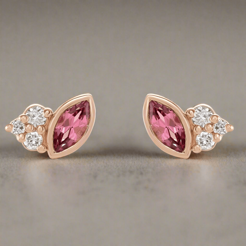 Marquise Pink Tourmaline & Diamond Cluster Gold or Platinum Leaf Stud Earrings Earrings by Nodeform