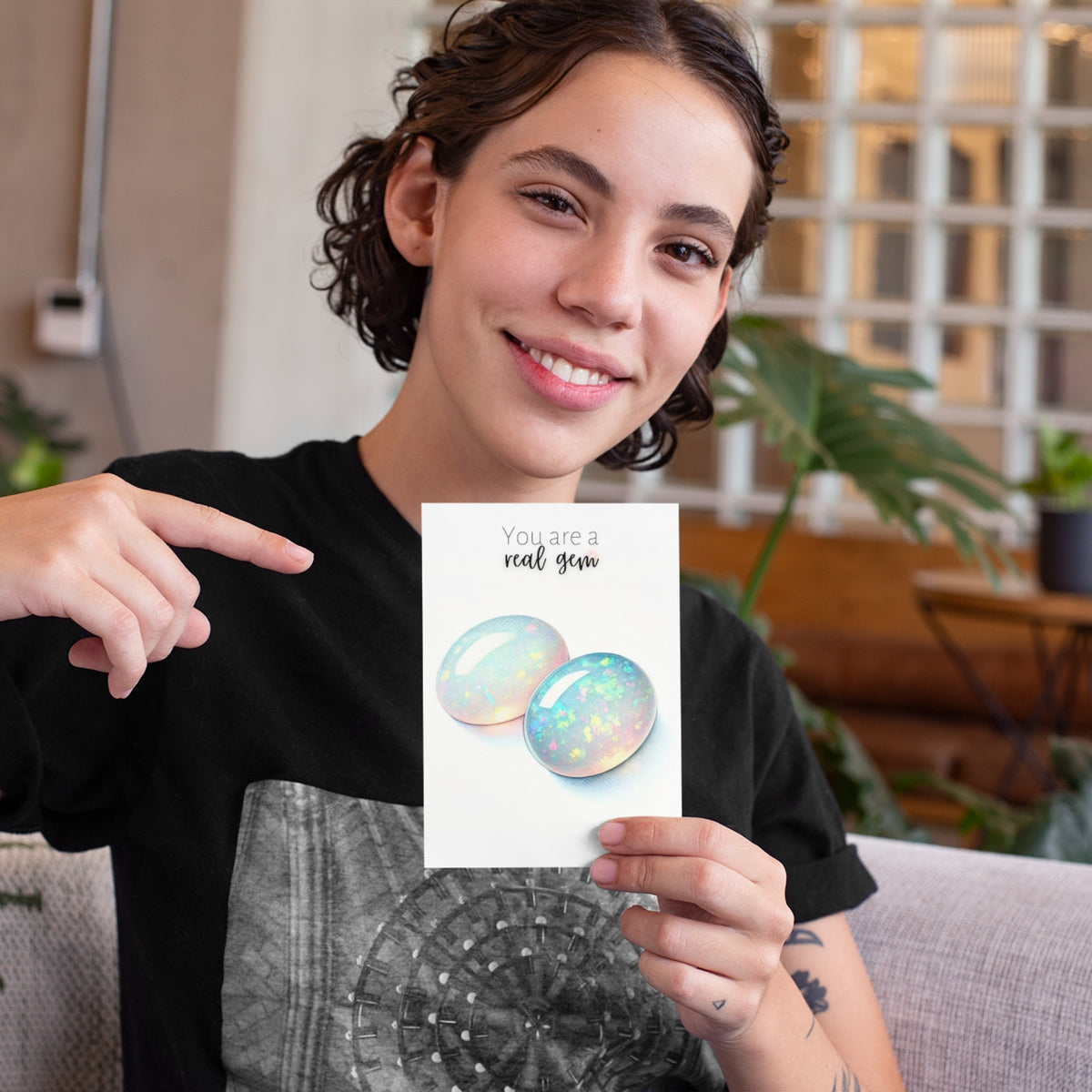 You are a real Gem | Watercolor Oval Opal Cab Folded Card