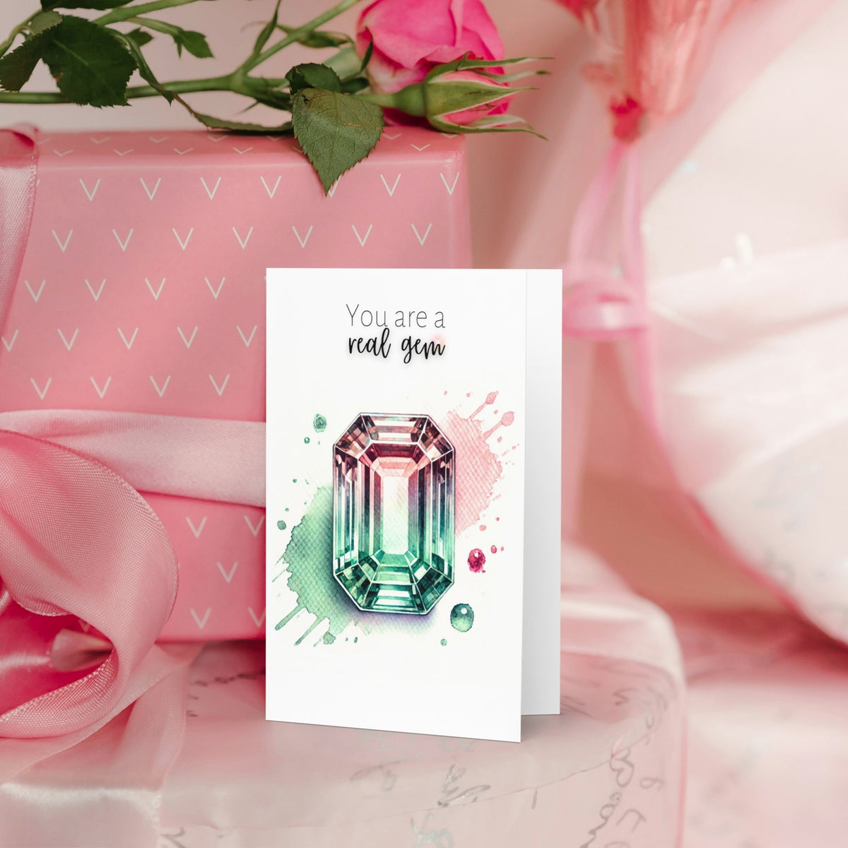 You are a real Gem | Watercolor Emerald-cut Bi-color Tourmaline October birthstone Folded Birthday Card