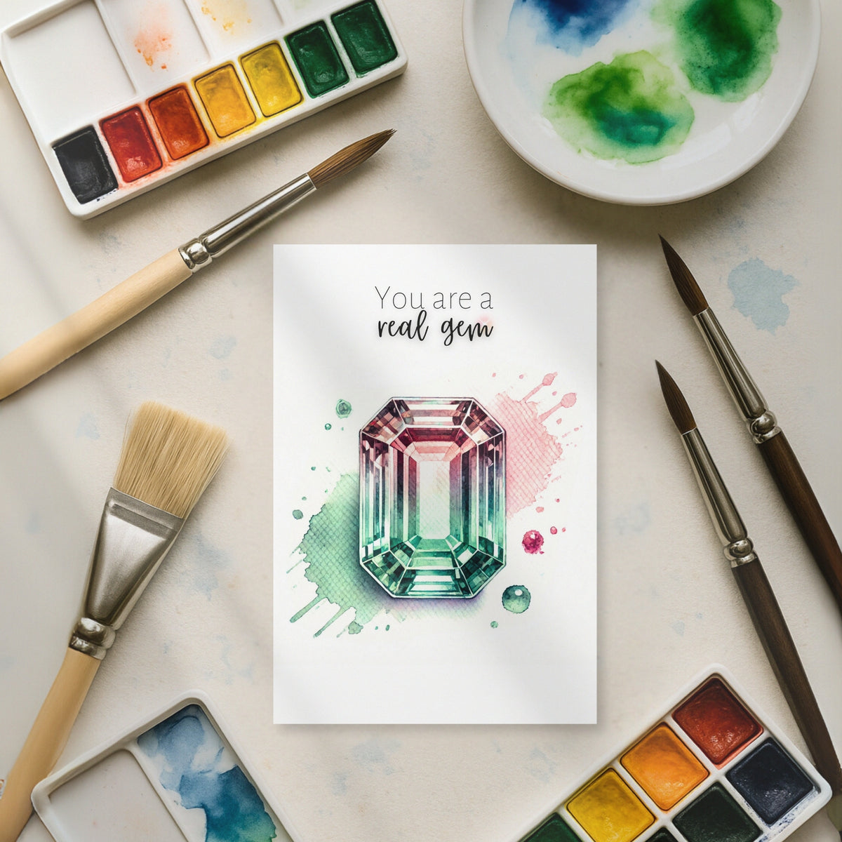 You are a real Gem | Watercolor Emerald-cut Bi-color Tourmaline October birthstone Folded Birthday Card