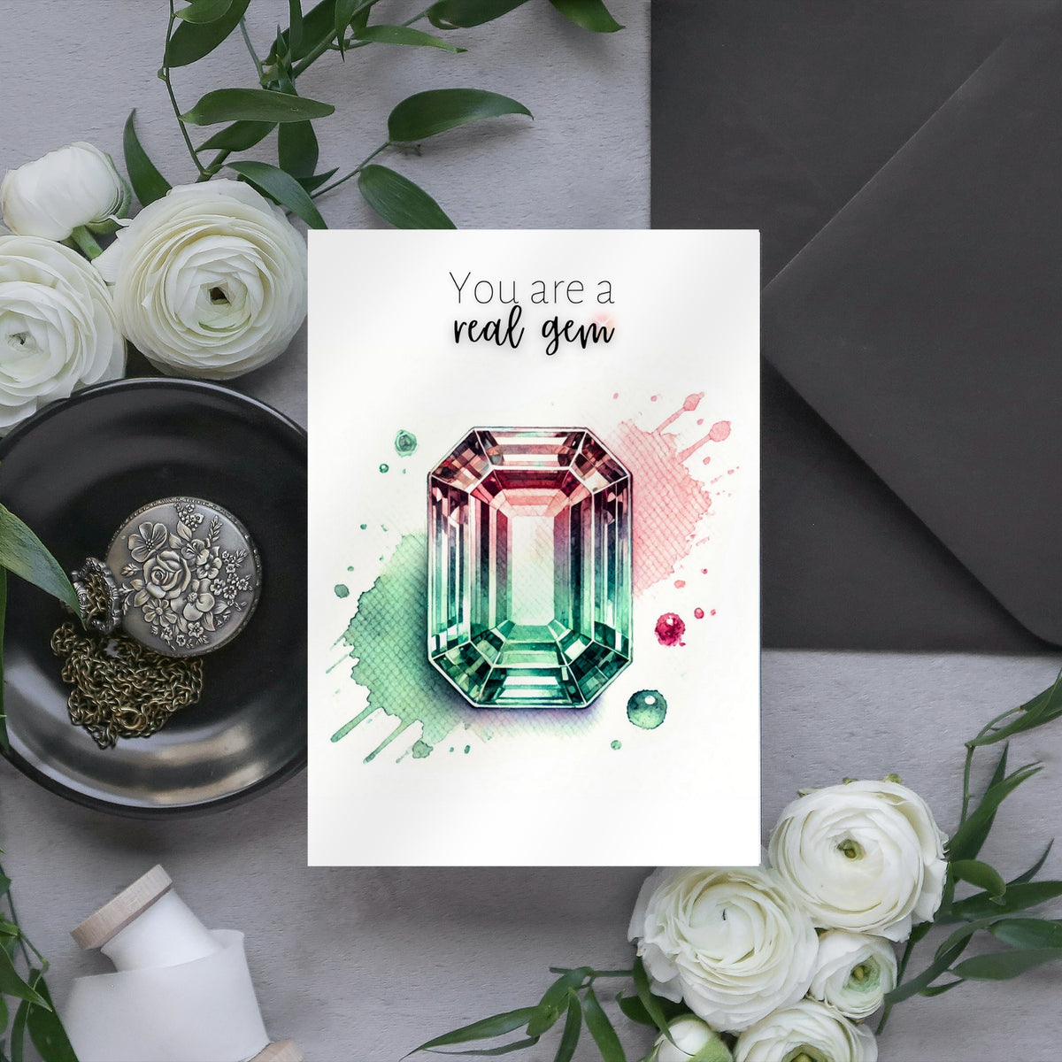 You are a real Gem | Watercolor Emerald-cut Bi-color Tourmaline October birthstone Folded Birthday Card