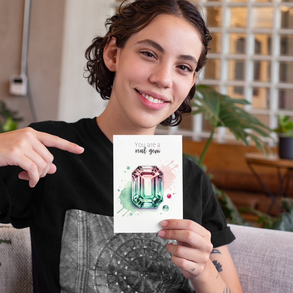 girl pointing to You are a real Gem | Watercolor Emerald-cut Bi-color Tourmaline Folded Card