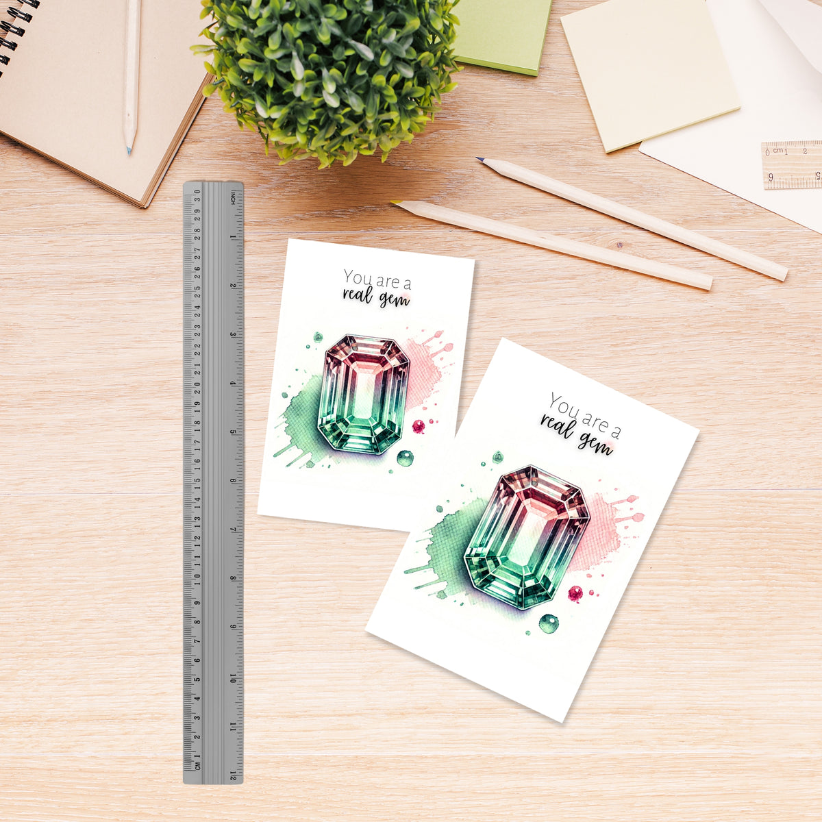You are a real Gem | Watercolor Emerald-cut Bi-color Tourmaline Folded Card