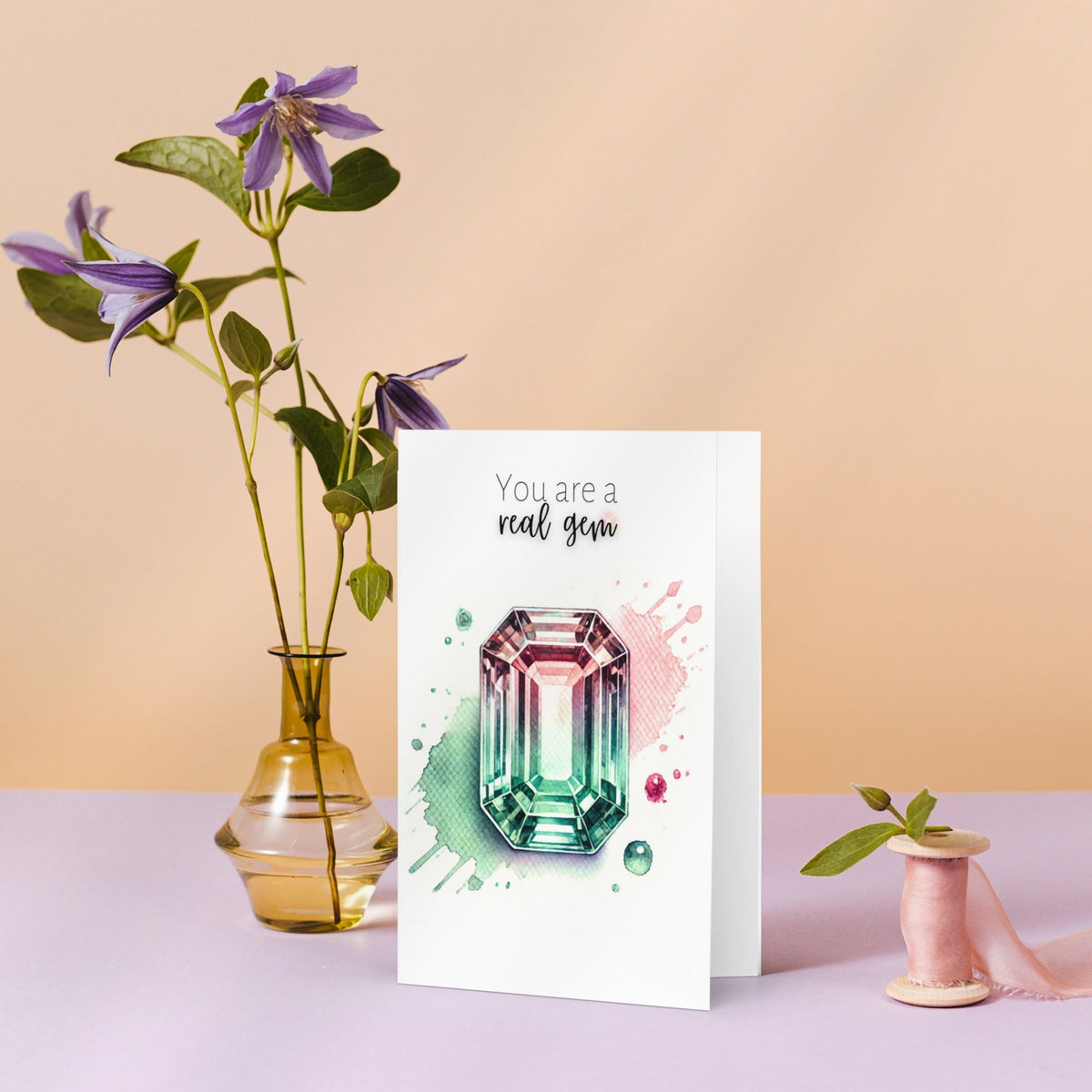 You are a real Gem | Watercolor Emerald-cut Bi-color Tourmaline October birthstone Folded Birthday Card