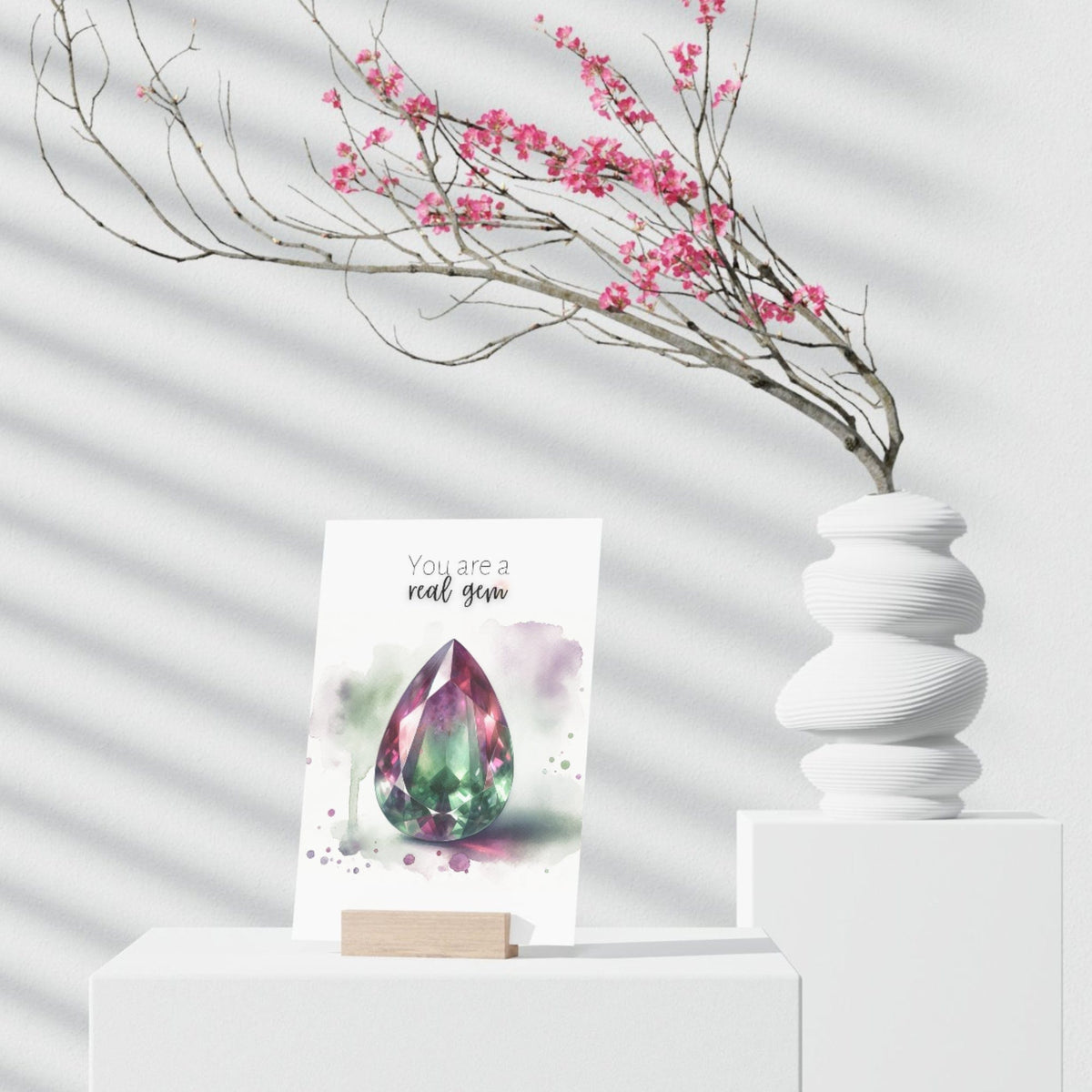 "You are a real Gem" Watercolor Pear Bi-color Tourmaline Folded Birthstone Card by Nodeform
