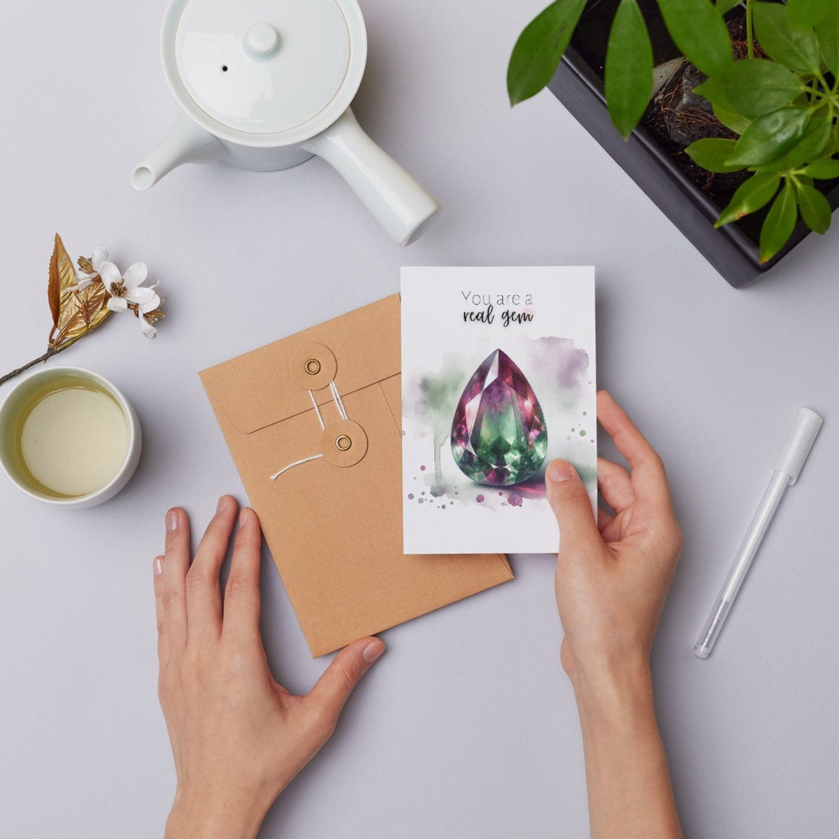 "You are a real Gem" Watercolor Pear Bi-color Tourmaline Folded Card Cards by Nodeform