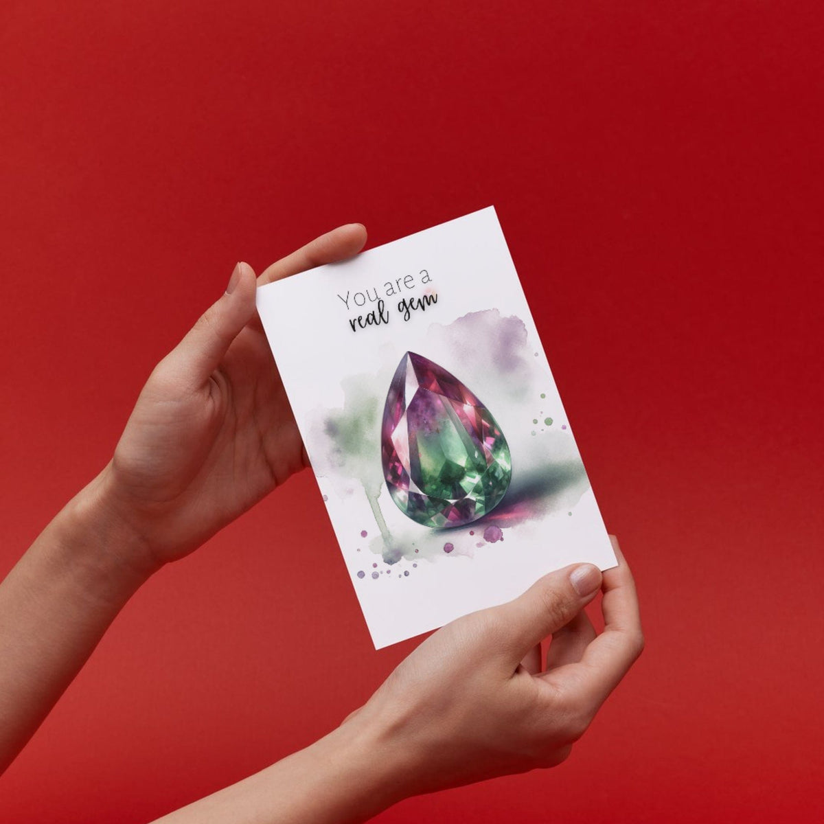 "You are a real Gem" Watercolor Pear Bi-color Tourmaline Folded Card Cards by Nodeform