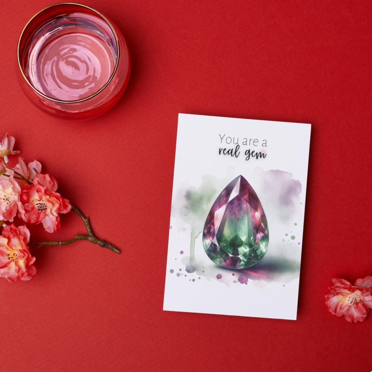 "You are a real Gem" Watercolor Pear Bi-color Tourmaline Folded Card Cards by Nodeform