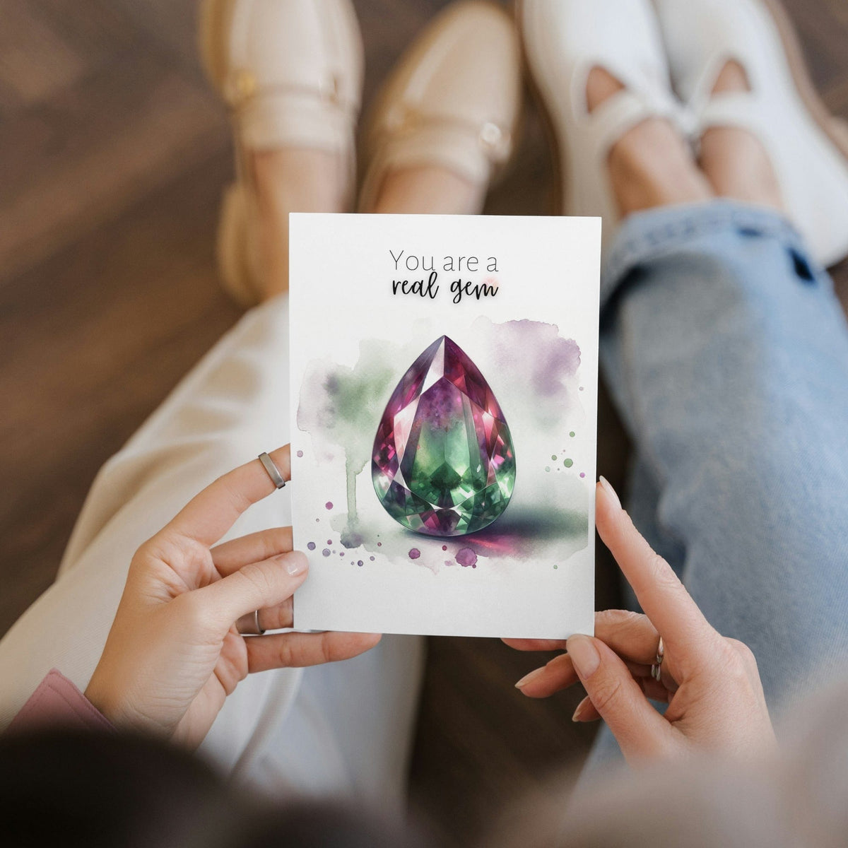 "You are a real Gem" Watercolor Pear Bi-color Tourmaline Folded Card Cards by Nodeform