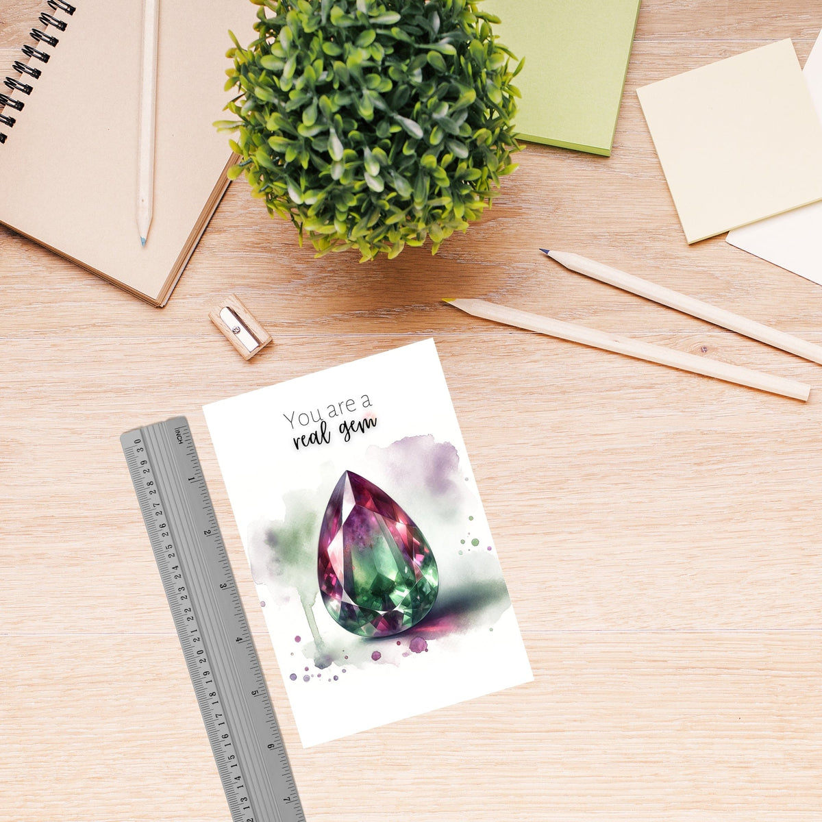 "You are a real Gem" Watercolor Pear Bi-color Tourmaline Folded Card Cards by Nodeform