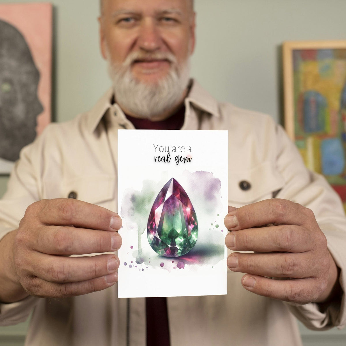 "You are a real Gem" Watercolor Pear Bi-color Tourmaline Folded Card Cards by Nodeform