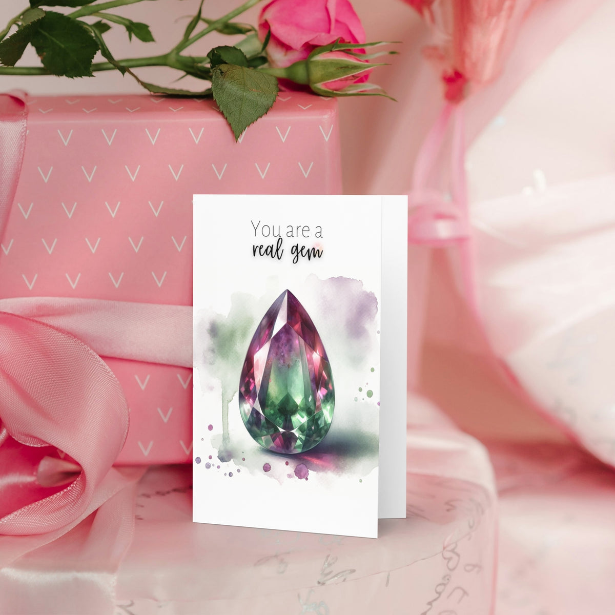 "You are a real Gem" Watercolor Pear Bi-color Tourmaline Folded Card Cards by Nodeform