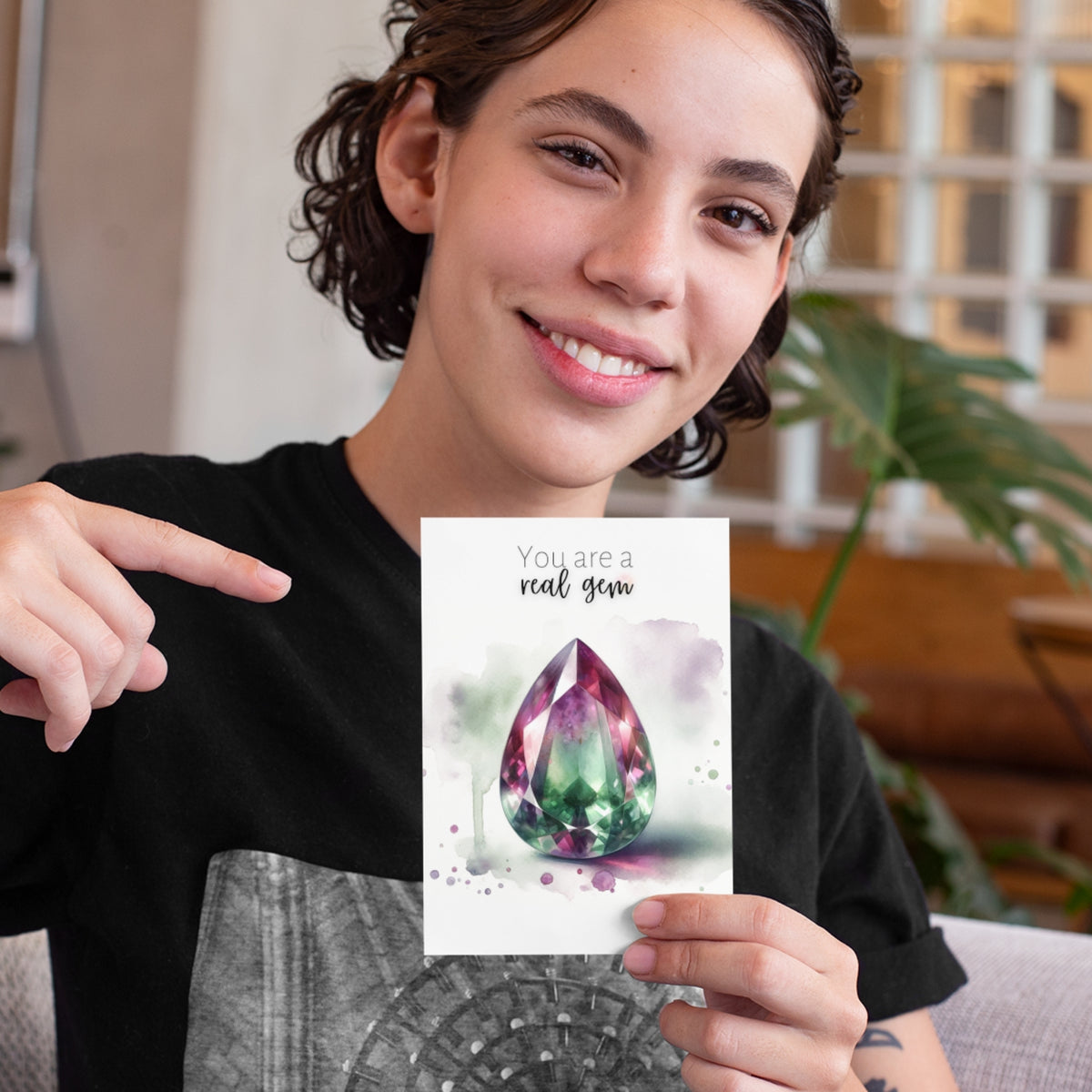 woman pointing to "You are a real Gem" Watercolor Pear Bi-color Tourmaline Folded Birthstone Card by Nodeform