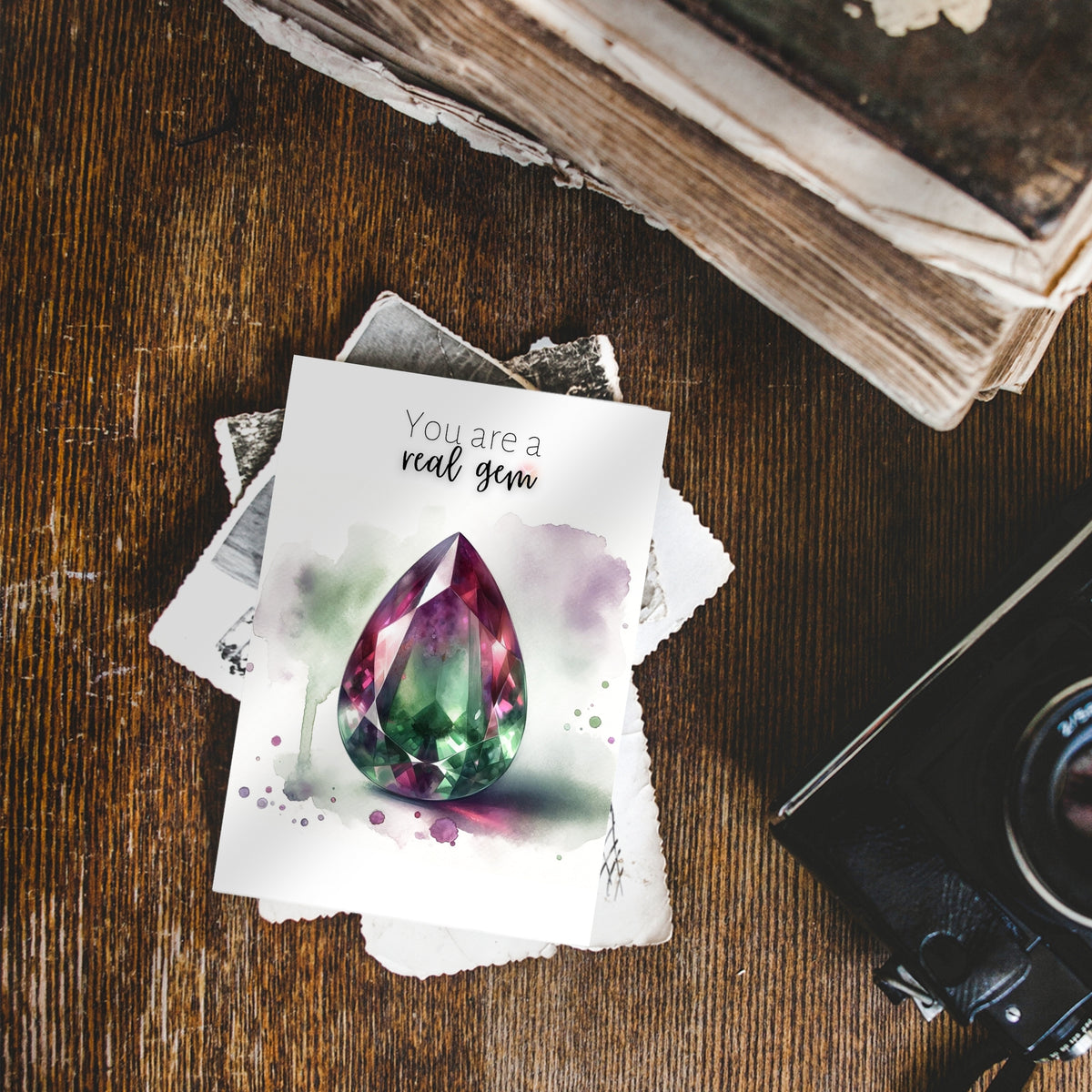 "You are a real Gem" Watercolor Pear Bi-color Tourmaline October Birthstone Folded Card by Nodeform