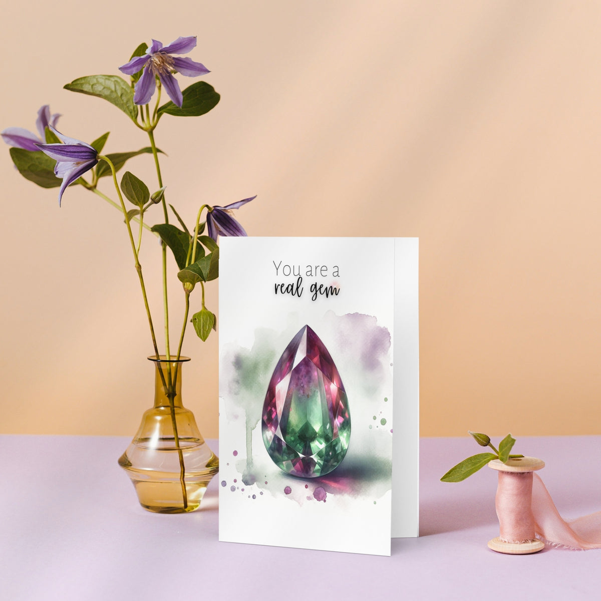 "You are a real Gem" Watercolor Pear Bi-color Tourmaline Folded Card Cards by Nodeform