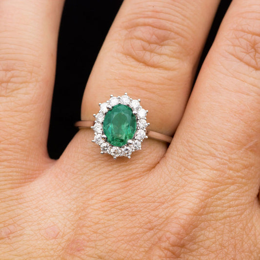 Ophelia - Oval Lab-Grown Emerald Prong Set Halo Engagement Ring