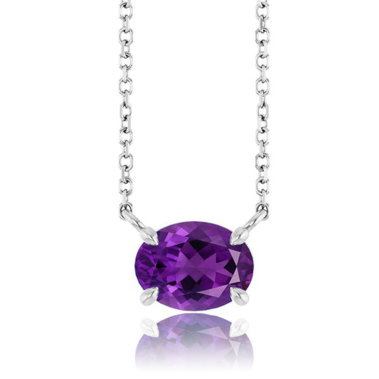 Sideways set Oval Amethyst Prong Set Birthstone Pendant Necklace in white gold