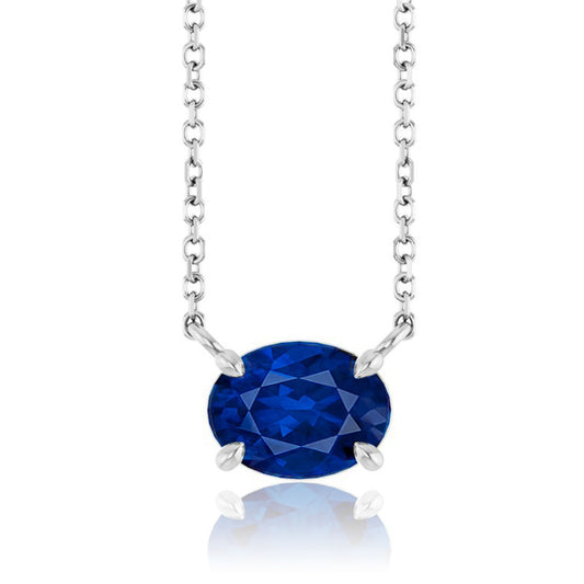 Oval Lab-Grown Blue Sapphire Prong Set Birthstone Pendant Necklace in white gold