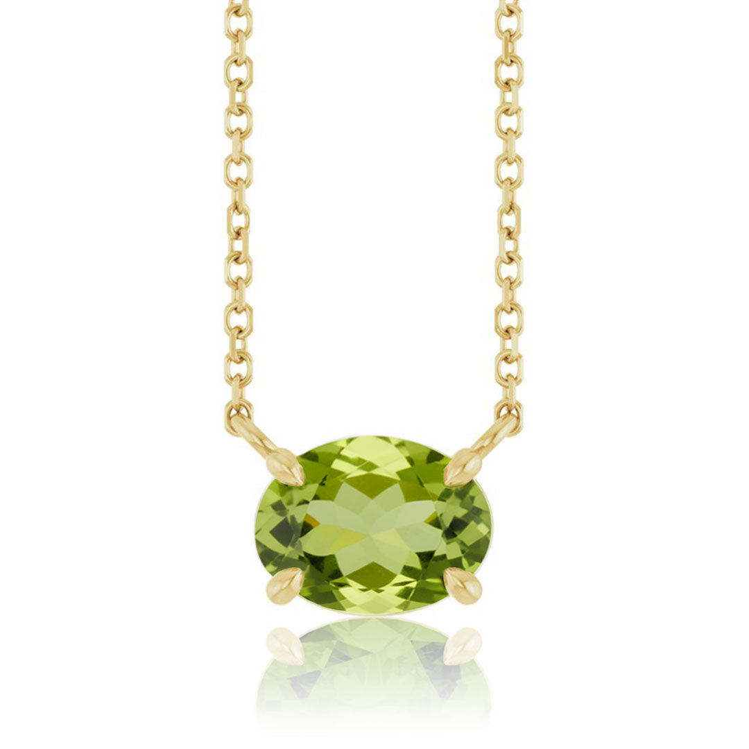 sideways Oval Peridot Prong Set Birthstone Gold Pendant Necklace