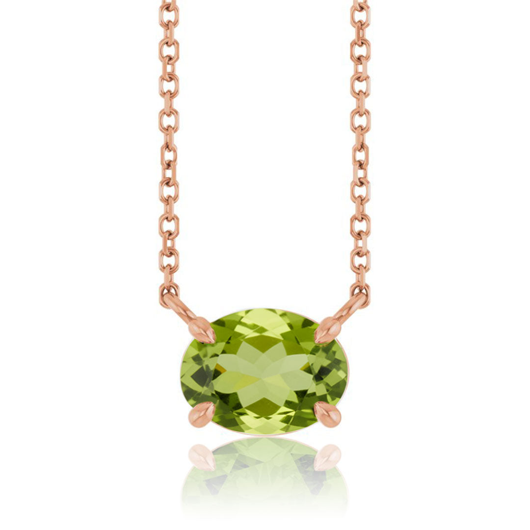 sideways Oval Peridot Prong Set Birthstone Rose Gold Pendant Necklace