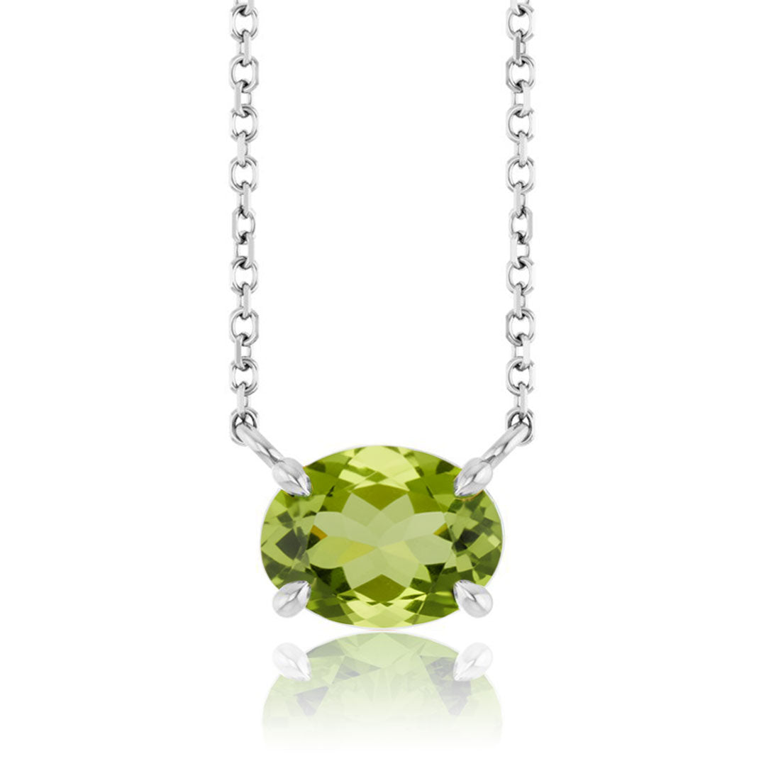 sideways Oval Peridot Prong Set Birthstone White Gold Pendant Necklace