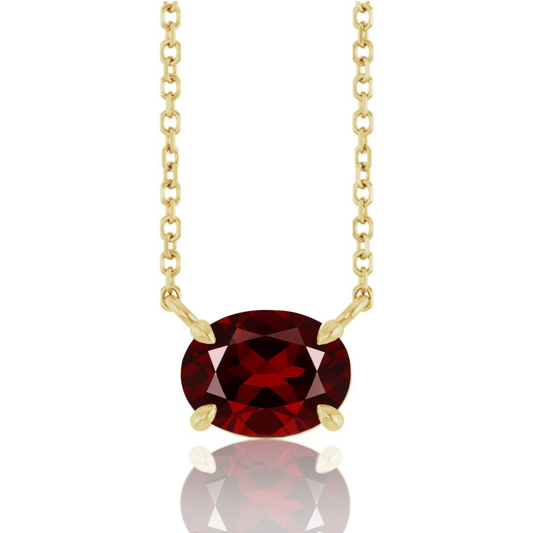 sideways set Oval Garnet Prong Set Birthstone gold Pendant Necklace