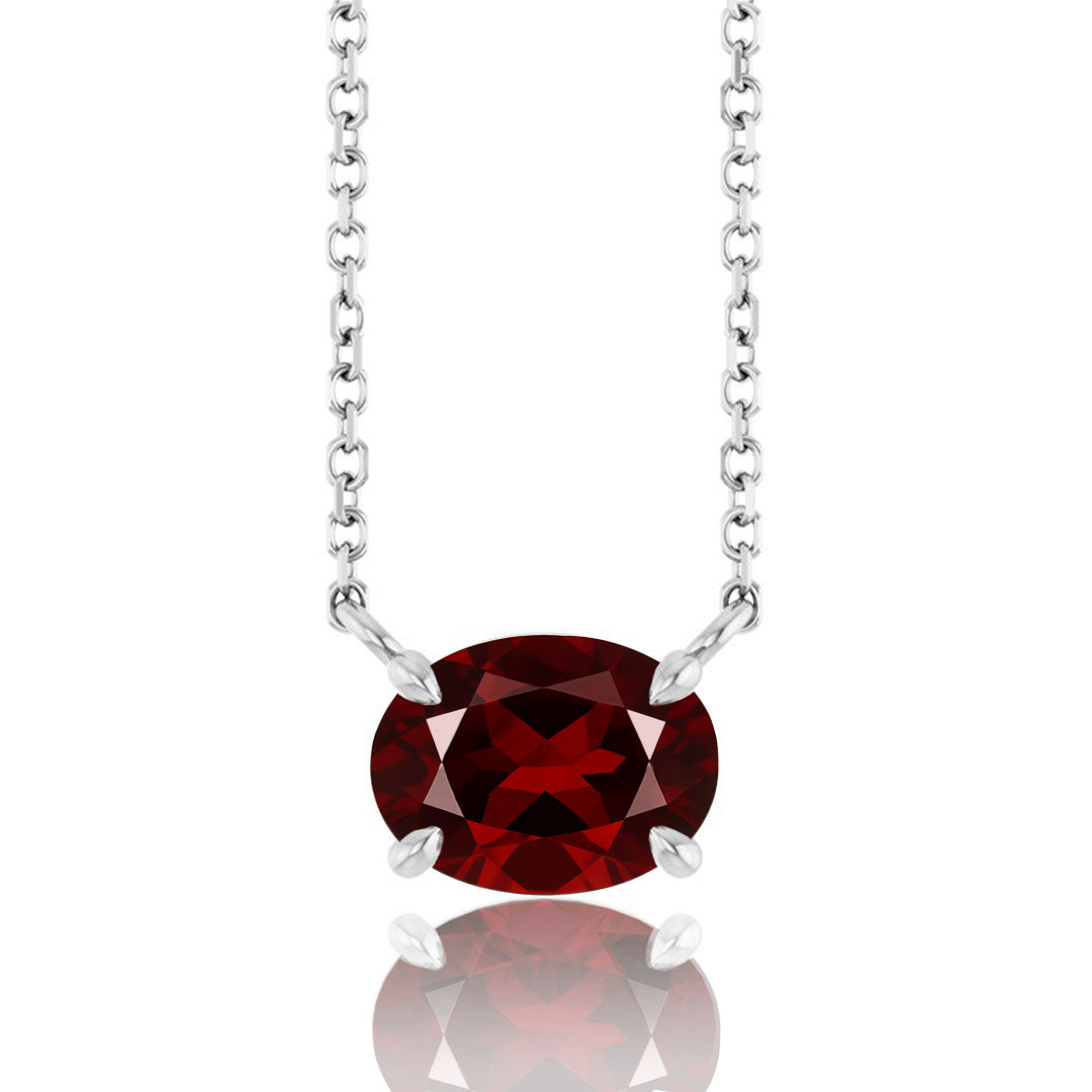 sideways set Oval Garnet Prong Set Birthstone white gold Pendant Necklace
