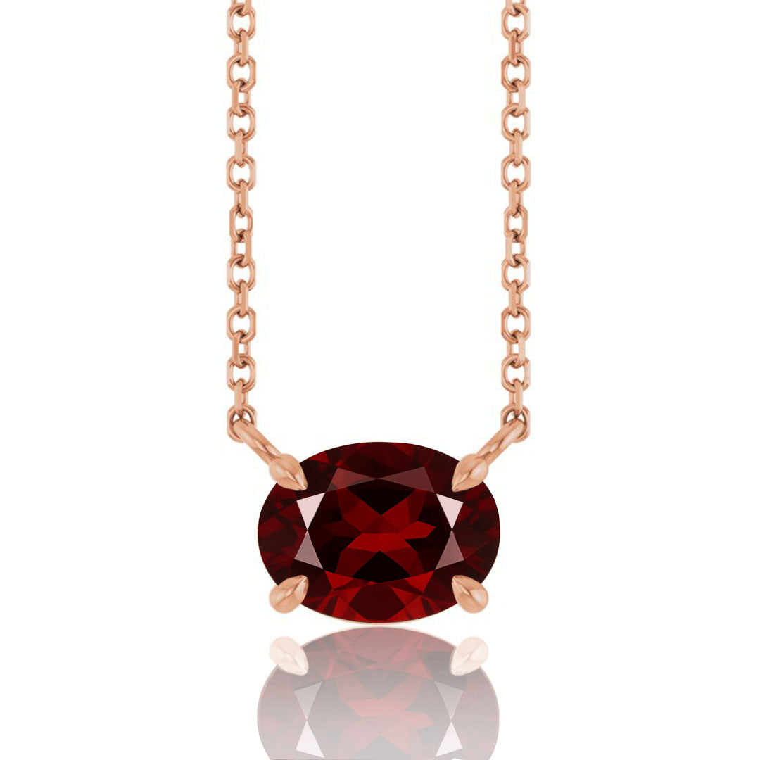 sideways set Oval Garnet Prong Set Birthstone rose gold Pendant Necklace