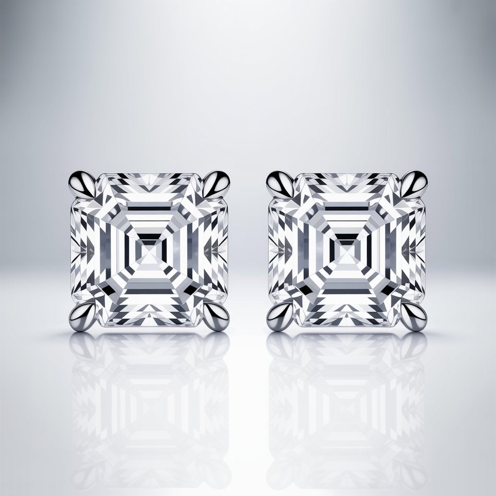 Pair of asscher cut diamond or moissanite earrings on a white reflective surface with a light gray background