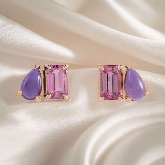 Emerald cut Pink Tourmaline & Pear Amethyst Two-Stone Birthstone Stud Earrings in rose gold on silk
